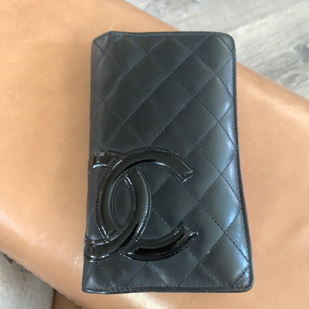 Authentic CHANEL Lambskin Cambon Long Bi Fold Wallet Black Hot Pink